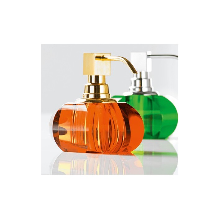 Distributeur de savon liquide en verre Kristall Decor Walther - Finition ambre / dorée et chromé / vert