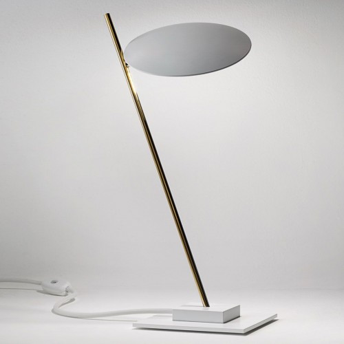 Lampe à poser Lederam T1 disque blanc tige or base blanche Catellani & Smith