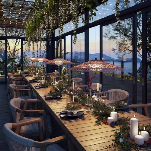 Suspension Nans S/55 Outdoor rouge Bover - Valente Design - mise en scène restaurant