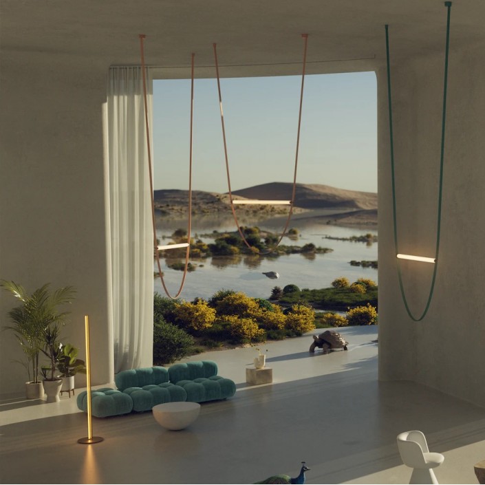 Suspension Wireline rose Flos Formafantasma Valente Design mise en scène dans salon
