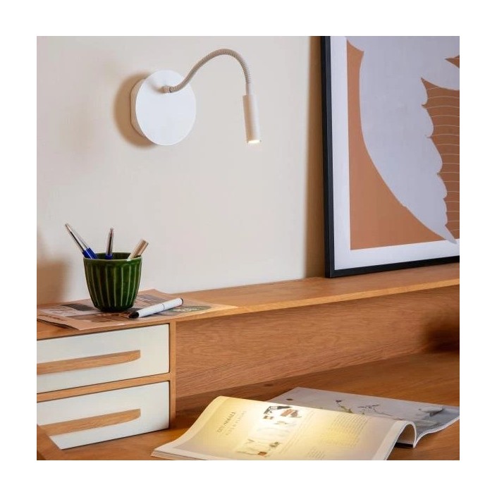 Applique liseuse JOLIJN avec flexible sans fil rechargeable blanc - Lucide - Valente Design - sur bureau