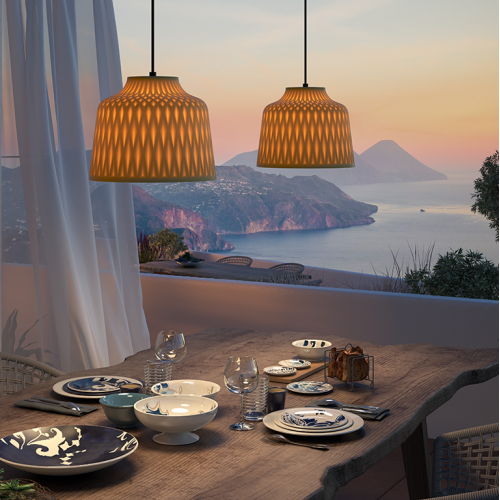 Suspensions Soft S/30 Outdoor ocre - Bover - Valente Design - salle à manger avec vue