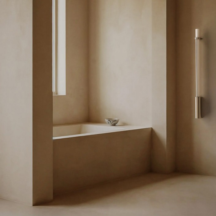 Applique de salle de bains In Fine Wall 1050 finition argent DCW Éditions éteinte à côté d'une baignoire