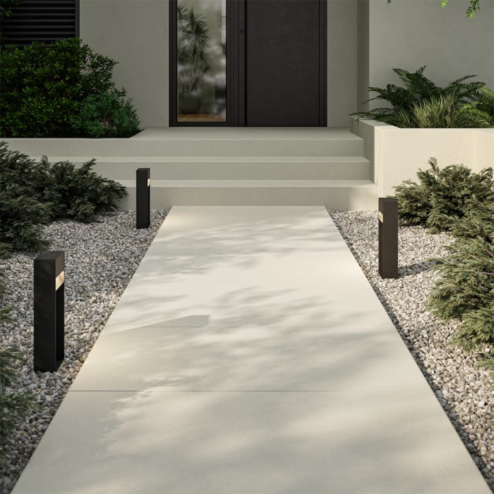 3 bornes accessoires Mori Bollard 400 pour applique Mori 140 d'Astro Lighting éclairées autour d'un chemin de jour