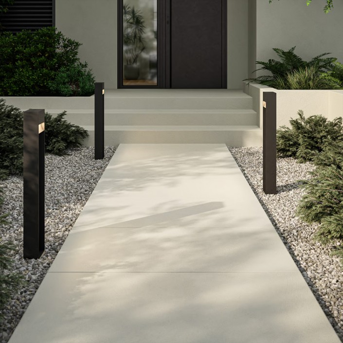 3 bornes accessoires Mori Bollard 750 pour applique Mori 140 d'Astro Lighting éclairées autour d'un chemin de jour