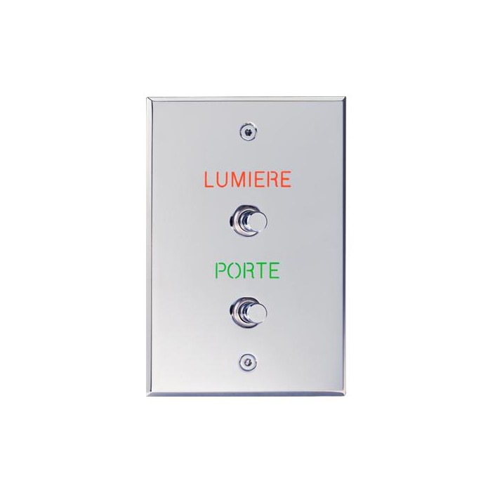 Plaque Rectangulaire Double Boutons Poussoirs Gravée Lumineuse Chromé Vif mesure 115x80mm pour une épaisseur de 3mm
